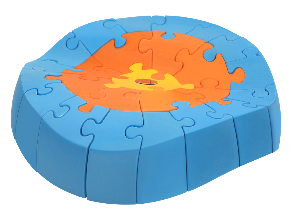 Orb-ix Solstice, a blue, orange and yellow interlocking magnetic 3D puzzle layer