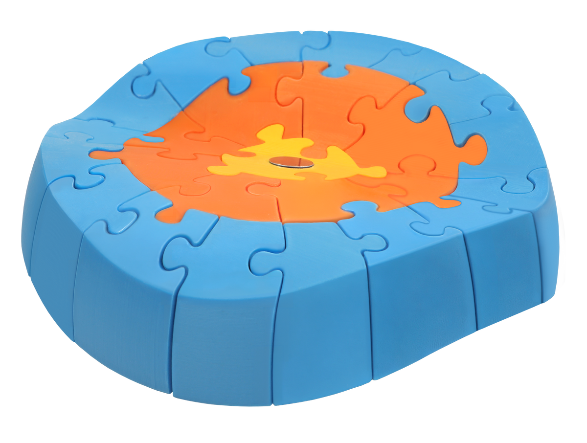 Orb-ix Solstice, a blue, orange and yellow interlocking magnetic 3D puzzle layer